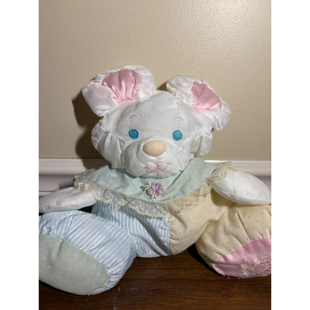 Vintage Fisher Price Puffalump Bear Pastel Patchwork Nylon Plush 1980s Pink Blue